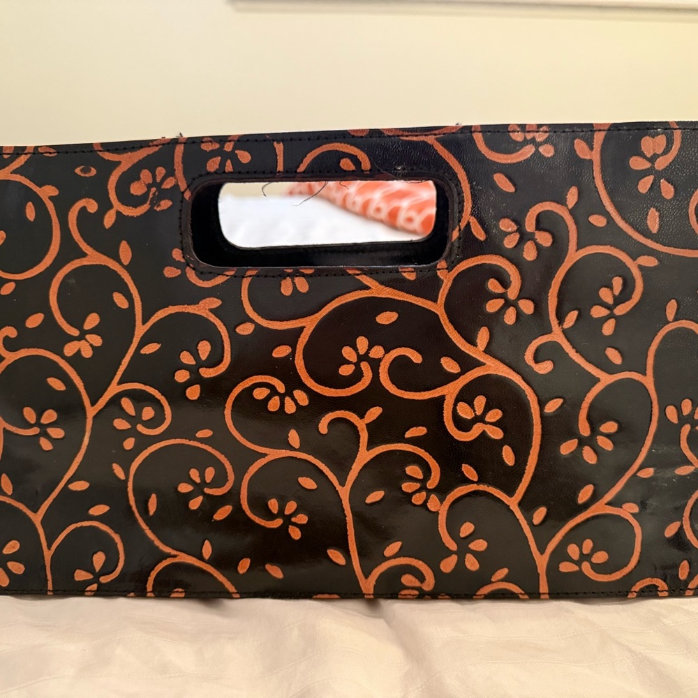Genuine Leather; Handle Clutch ;Black and Orange Patterned Handbag